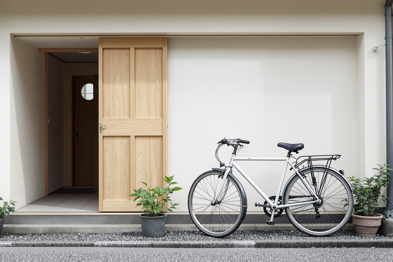 木の引き戸がある住宅の入り口の前に停められた自転車と鉢植えの植物