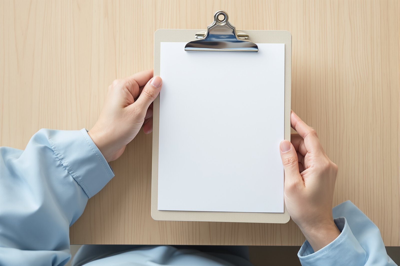 水色の上衣を着た人の両手が、何も書かれていない白い紙を挟んだクリップボードを持っている様子