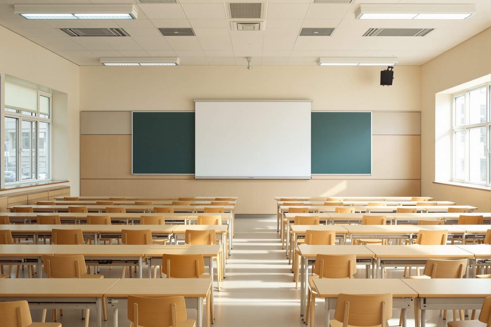 朝の光が差し込む、木の机と椅子が並んだ誰もいない大学の講義室